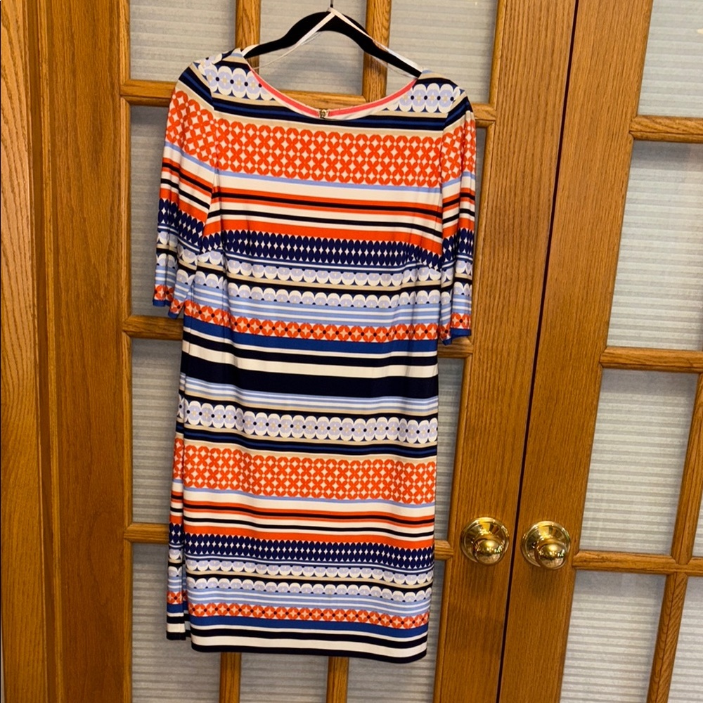 EUC Eliza J Orange and Blue Sheath Dress with Bateau Neckline